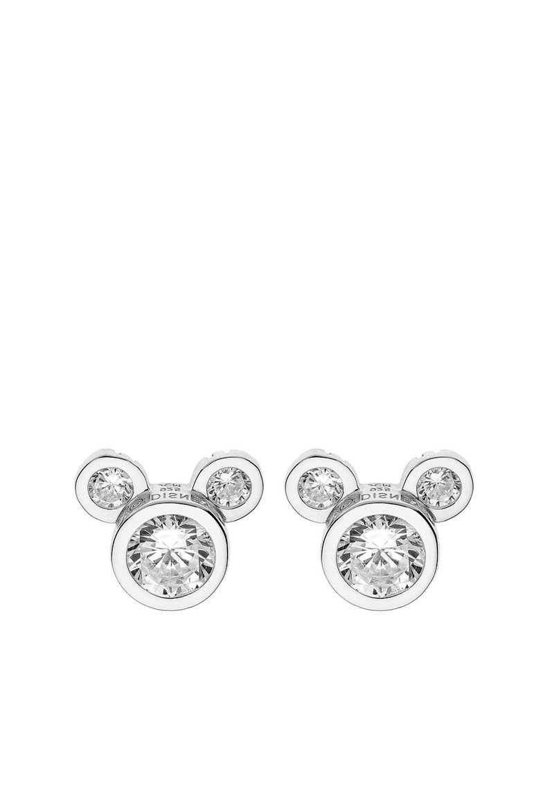 Orecchini a cerchio in argento con tre cristalli trasparenti rotondi, due più piccoli sopra e una pietra centrale più grande, che richiamano un design ispirato a Topolino.