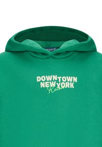 Felpa verde con cappuccio a coste, con la scritta "DOWNTOWN NEW YORK" stampata in bianco e accenti verdi in corsivo sul petto. Tessuto morbido.
