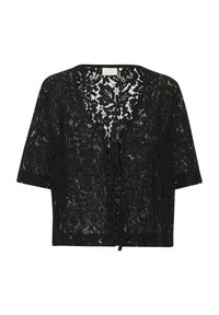 Schwarzes Spitzen-Cropped-Top mit kurzenÄrmeln, das über einen V-Ausschnitt und ein Bindedetail an der Vorderseite verfügt und komplizierte florale Muster präsentiert.