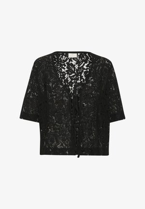 Fekete csipkés rövid ujjú cropped top, V-kivágással, elöl megkötő részlettel, amely bonyolult virágmintákat mutat be.