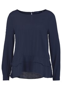 Tummansininen pitkähihainen paita kevyestä kankaasta, jossa on pyöreä pääntie ja kerroksellinen peplum-muotoilu, joka on hieman kaareva helma.