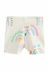Ljusgrå shorts med ribbad textur, pryds av färgglada mönster av regnbågar och leende ansikten i rosa, grönt, blått och orange.