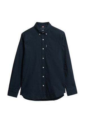 Navyblauw langemouwen shirt van stof met een gladde textuur. Beschikt over een button-down kraag, een borstzak en witte knopen.