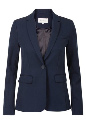 Navy blue tailored blazer with one button closure, notch lapels, two front flap pockets, and a patterned interior lining.