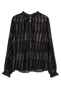 Blusa negra de manga larga con rayas verticales de puntos dorados, un cuello redondeado con volantes, detalle de lazo y puños fruncidos.