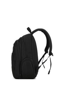 Zaino nero con numerosi scomparti con zip, spallacci ergonomici in rete imbottita e forma strutturata, realizzato in tessuto resistente e con cuciture definite.