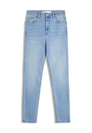 Light blue denim jeans featuring a straight-leg design, five pockets, and a classic button closure. Smooth texture with minimal fading.