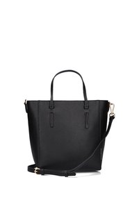 Zwarte leren totebag met gestructureerd oppervlak, twee bovenhandvaten en een verstelbare schouderband. Voorzien van gouden hardware-accenten.