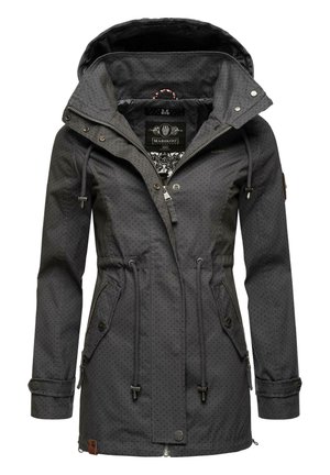 Grau gepunktete Jacke mit Reißverschluss vorne, verstellbarem Kordelzug in der Taille und Kapuze. Verfügt über zwei Seitentaschen und Knopfdetails an den Manschetten.