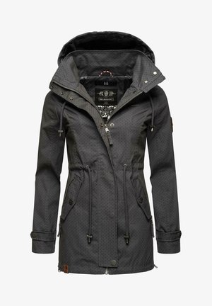 Giacca grigia a pois con zip frontale, vita regolabile con cordoncino e cappuccio. Presenta due tasche laterali e dettagli con bottoni sui polsi.