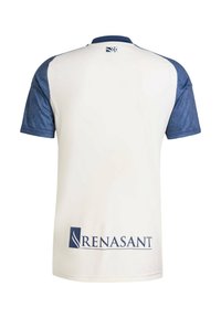 Weißes Sporttrikot mit dunkelblauen kurzen Ärmeln. Verfügt über ein Logo mit "RENASANT" auf der unteren Vorderseite. Glatte Textur, standardmäßiges Kragen-Design.