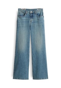 Lichtblauwe wijd uitlopende jeans met een hoge taille, gemaakt van denim. Beschikt over voorzakken en een rits met een metalen knoopsluiting.