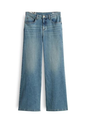 Helle blaue, weite Jeans mit hoher Taille, aus Denim gefertigt. Mit vorderen Taschen und einem Reißverschluss mit einer Metallknopfverschluss.
