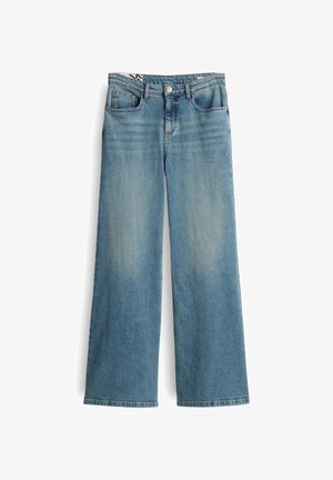 Helle blaue, weite Jeans mit hoher Taille, aus Denim gefertigt. Mit vorderen Taschen und einem Reißverschluss mit einer Metallknopfverschluss.