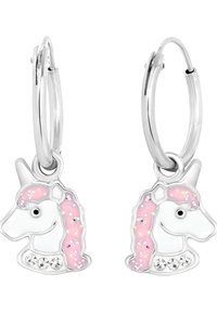 Silberne Creolen-Ohrringe mit Einhorn-Anhängern, die weiße Köpfe und rosa Mähnen haben, verziert mit Strasssteinen und einer glatten Oberfläche.