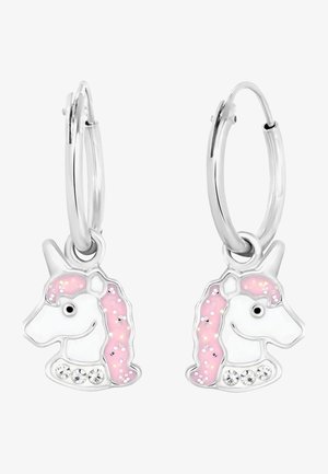 Zilveren creolen met eenhoorncharms met witte hoofden en roze manen, versierd met rhinestones en een glanzende afwerking.