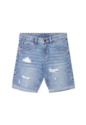 Pantaloncini di denim azzurro chiaro con risvolti, toppe consumate sul davanti, chiusura con bottoni e passanti per cintura.