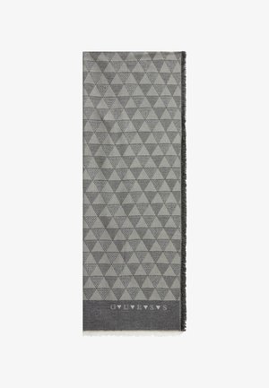 Szary szalik z trójkątnym wzorem o różnorodnych fakturach. Na dole subtelnie nadrukowany napis "GUESS" oraz postrzępione krawędzie.