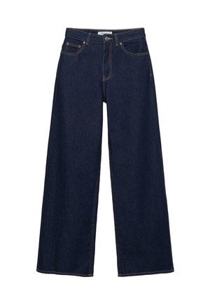 Jeans din denim albastru închis, cu picioare largi, închidere frontală cu nasturi și fermoar, bucle pentru curea și design cu cinci buzunare.