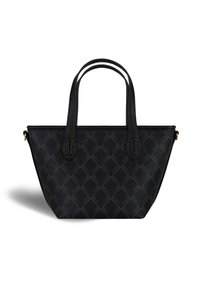 Sac tote noir en cuir texturé, avec un motif en diamant, des poignées doubles et un design structuré avec un haut ouvert.