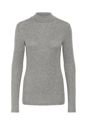 Haut à manches longues et col roulé en tissu gris doux avec une texture côtelée. Design ajusté avec une silhouette simple et épurée sans motifs visibles.