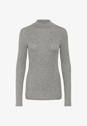 Pikad varrukad, kõrge kaelusega särk pehmest hallist kangast, millel on sooniline tekstuur. Liibuv disain, lihtne ja puhas siluett ilma nähtavate mustriteta.