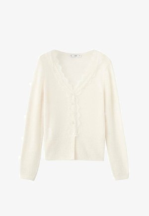 Witte, gebreide cardigan met lange mouwen en een kanten rand met gekartelde rand langs de V-hals en een knoopsluiting aan de voorkant.