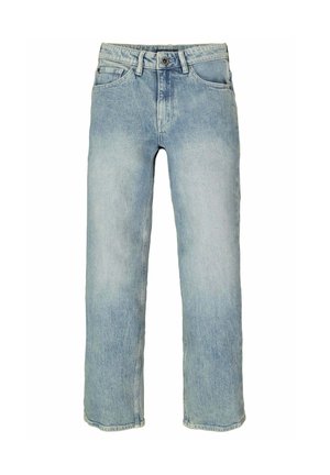 Hellblaue Straight-Leg-Jeans mit Vordertaschen, Gürtelschlaufen, Knopfverschluss und ausgewaschenen Details an den Oberschenkeln.