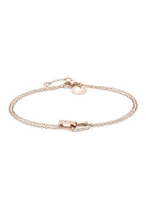 Armband aus Roségold mit zwei rechteckigen Gliedern und drei eingearbeiteten Steinen, verstellbare Länge mit einem Verschluss und Markenschild.