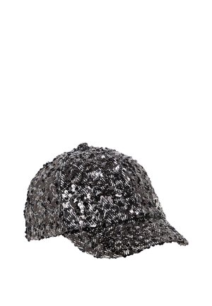 Black and silver sequined cap with a rounded crown, curved brim, and densely covered surface creating a textured shine.