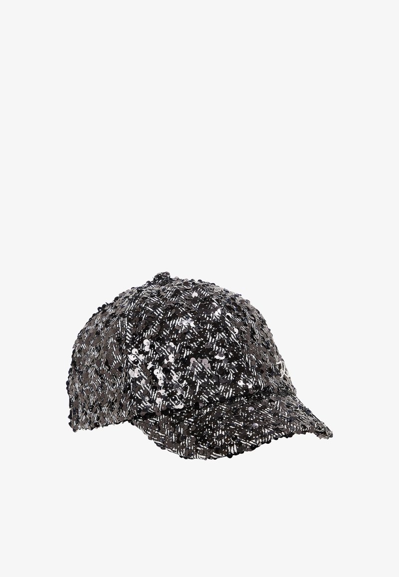 Black and silver sequined cap with a rounded crown, curved brim, and densely covered surface creating a textured shine.