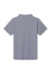Polo à manches courtes en rayures bleu marine et blanches, dotée d'un col classique et d'un tissu texturé. Design simple avec une finition soignée.