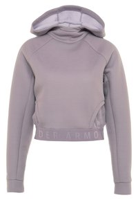 Lyhytnärkkinen huppari vaaleanviolettina, korkealla kauluksella, verkkopaneelikoristeilla ja brändätyllä joustovyöllä. Ominaisuuksina pitkät hihat ja pehmeä pinta.