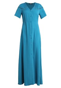 Turquoise maxi dress with short sleeves, a V-neckline, front button closure, and decorative trim at shoulders. Smooth, lightweight fabric.
