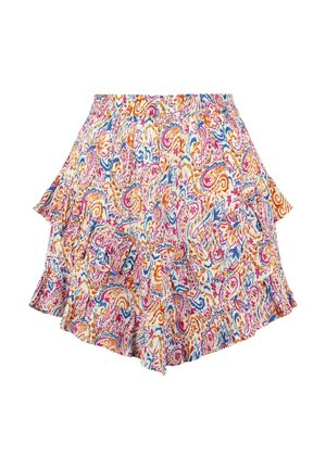Gonna multicolore con stampa paisley in rosa, arancione e blu, con orlo arricciato e una vita elastica per una vestibilità comoda.
