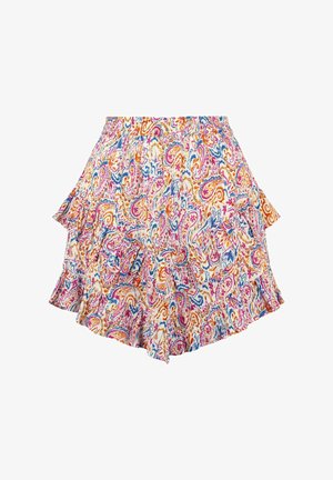 Gonna multicolore con stampa paisley in rosa, arancione e blu, con orlo arricciato e una vita elastica per una vestibilità comoda.