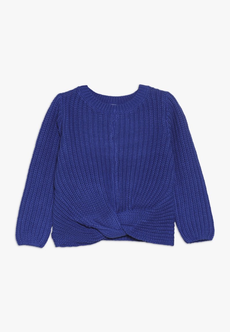 Pull bleu tricoté avec un col rond, des manches longues et un design torsadé à l'avant. Motif texturé sur toute la surface. Coupe régulière.