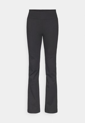 Black flared pants featuring a high waistband, made from stretch fabric with smooth texture and no visible patterns or hardware details.