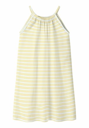 Robe sans manches à rayures horizontales jaunes et blanches avec fines bretelles et encolure froncée.