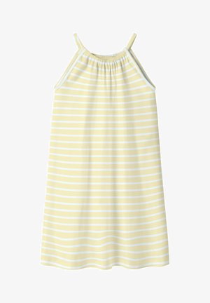 Gul og hvid vandret striped ærmeløs kjole med tynde skulderstropper og rynket halsudskæring.