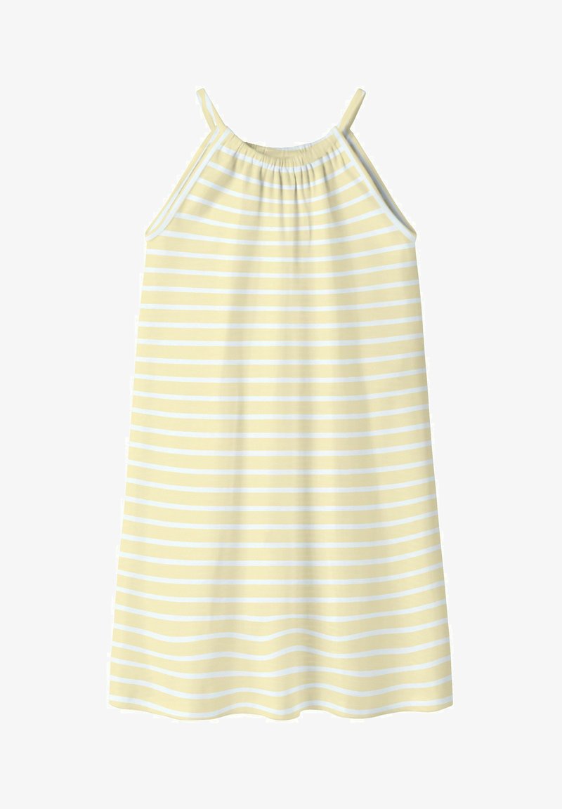 Robe sans manches à rayures horizontales jaunes et blanches avec fines bretelles et encolure froncée.