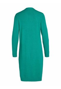 Robe en maille turquoise à manches longues avec poignets et ourlet côtelés, vue de dos sur fond blanc uni.