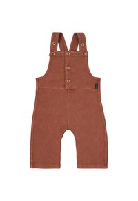 Braune Latzhosen mit verstellbaren Trägern, frontalen Knopfverschlüssen und einer weichen Textur. Sie besitzen einen geraden Schnitt und seitliche Taschen.