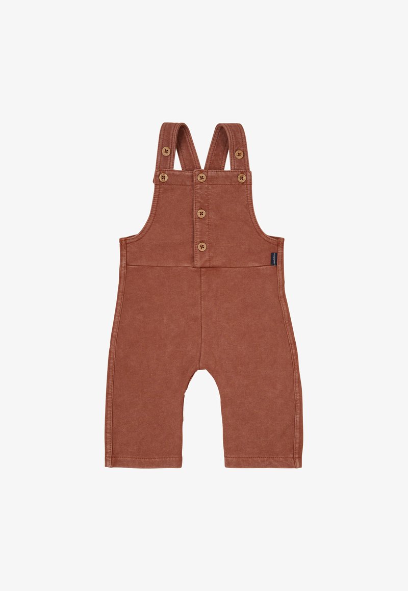 Bruine tuinbroeken met verstelbare bandjes, voor knoopsluitingen en een zachte textuur. Kenmerken zijn een rechte pijp en zijzakken.