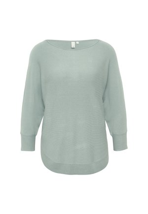 Lichtgroen langarmsgemiddeld trui met een ronde halslijn en geribde manchetten en zoom, getoond op een effen witte achtergrond.