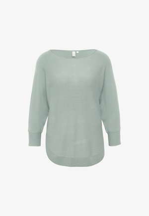 Pull long vert clair à manches longues avec un col rond et des bords côtelés, présenté sur un fond blanc uni.