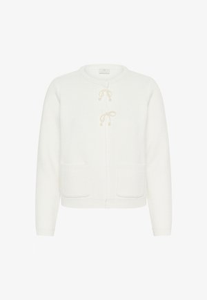 Balta mezgimo ilga palaidinė su apvaliu kaklu, turinti dvi priekinės kišenes ir dekoratyvias raišteles su karoliukais. Minkšta, tekstūrinė medžiaga.