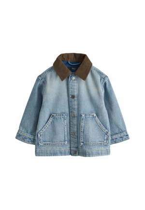 Light blue denim jacket with large front pockets, brown corduroy collar, and front snap buttons, displayed on white background.