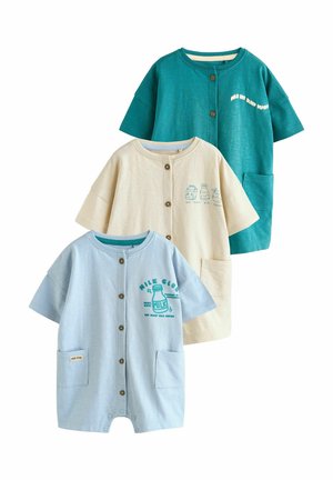 Három rövid ujjú baba nadrágka türkiz, krémszín és világoskék árnyalatban, elöl gombokkal, zsebekkel és tej témájú mintákkal.