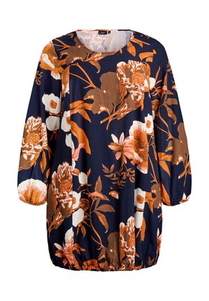 Floral tunika kjole med en marineblå baggrund, store orange og hvide blomster, lange ærmer og en samlet talje.